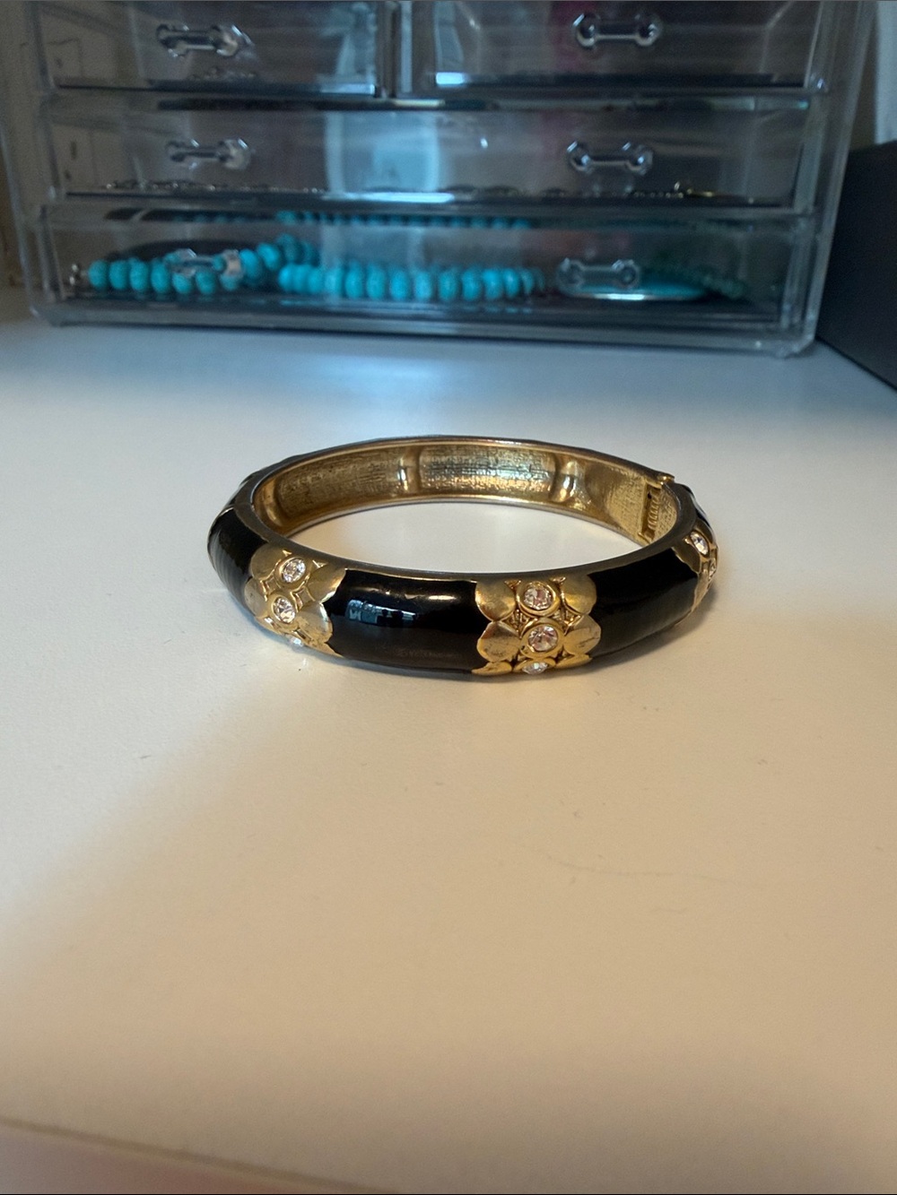 Gold & Black Crystal Flower-Accent Bangle Bracelet